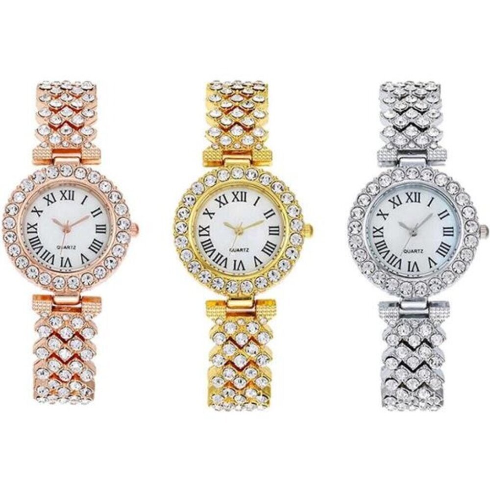 Crystal-Accented Bracelet Watches– Elegant Rose Gold, Gold, and Silver Tone Trio